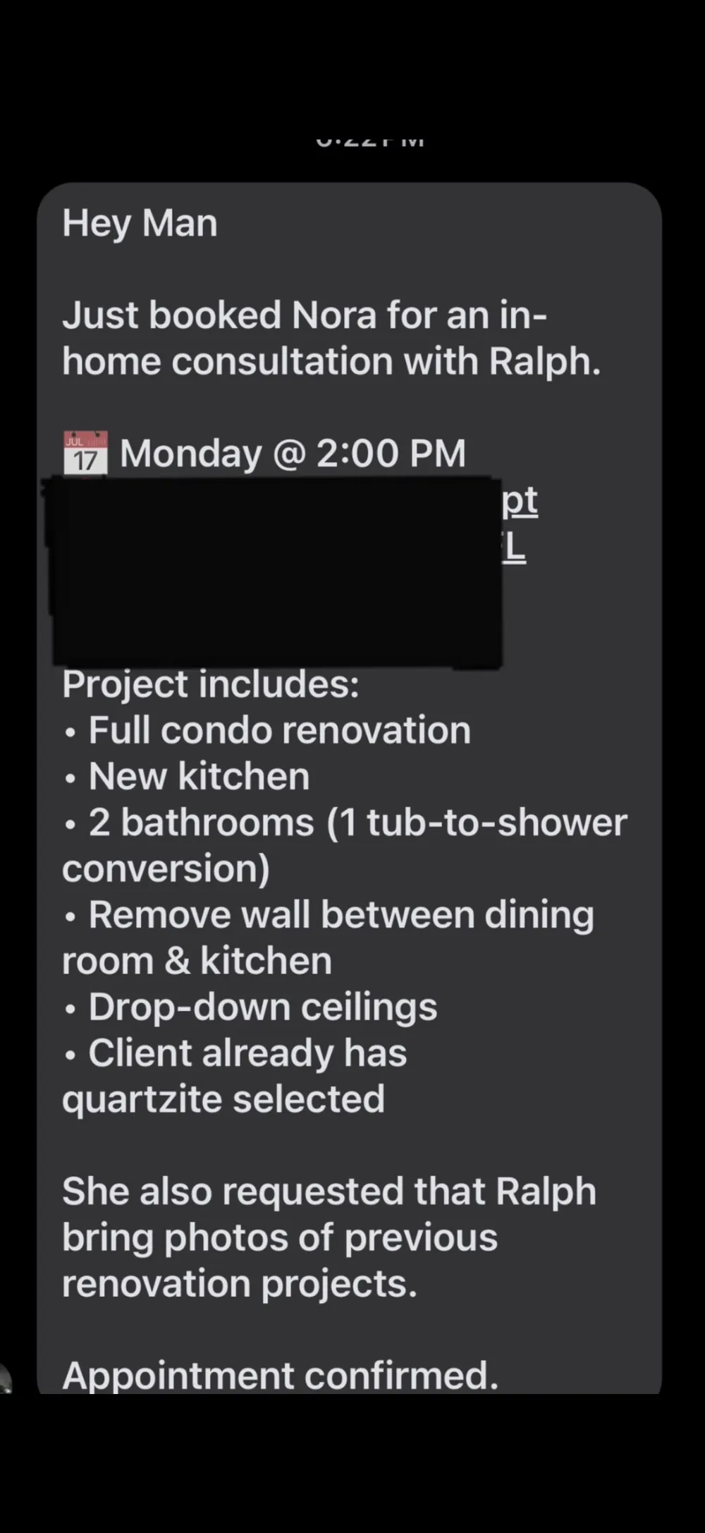 Text message confirming Nora's in-home consultation booking with Ralph for a full condo renovation worth over $60,000
